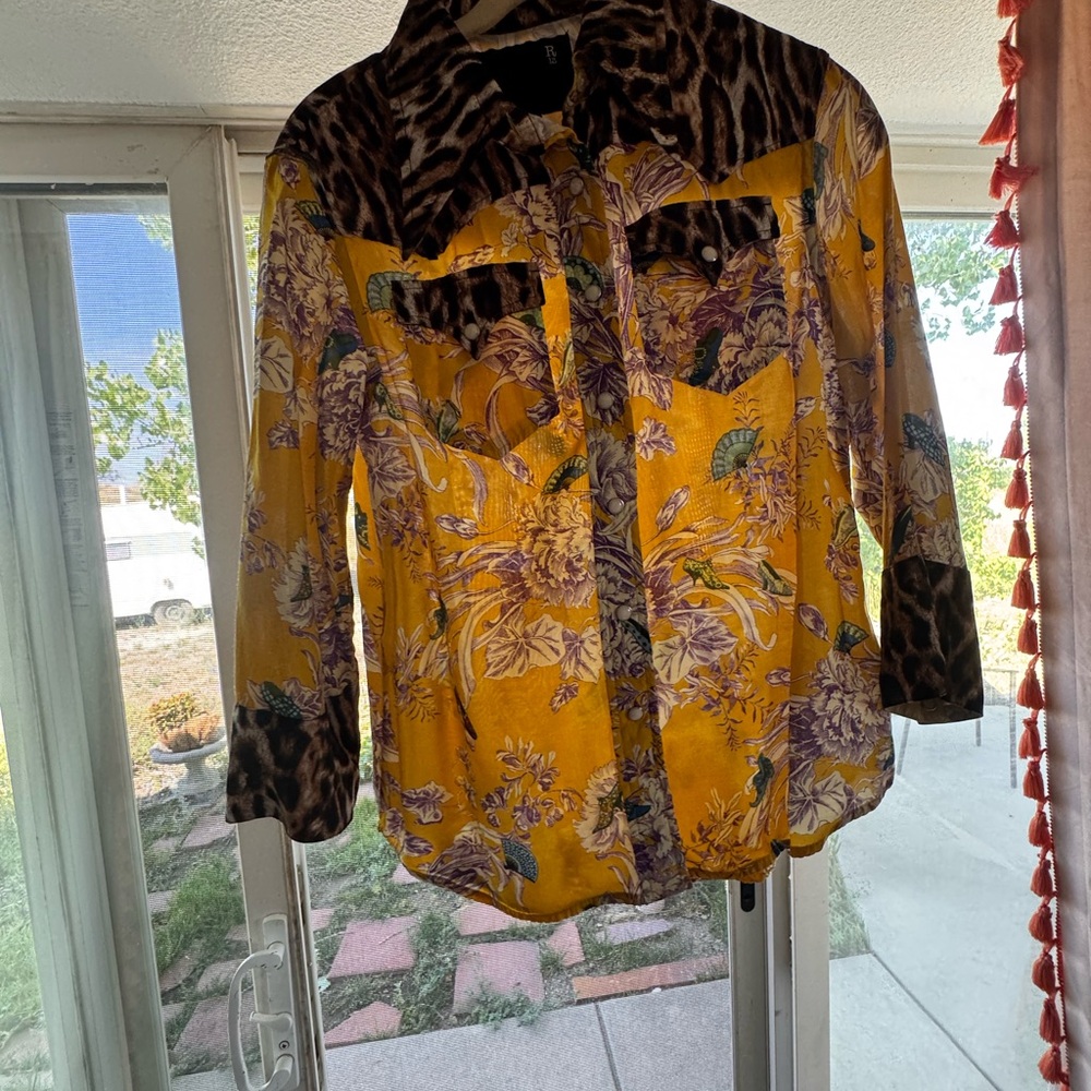R13 Yellow Floral and Animal Print Button Down Shirt